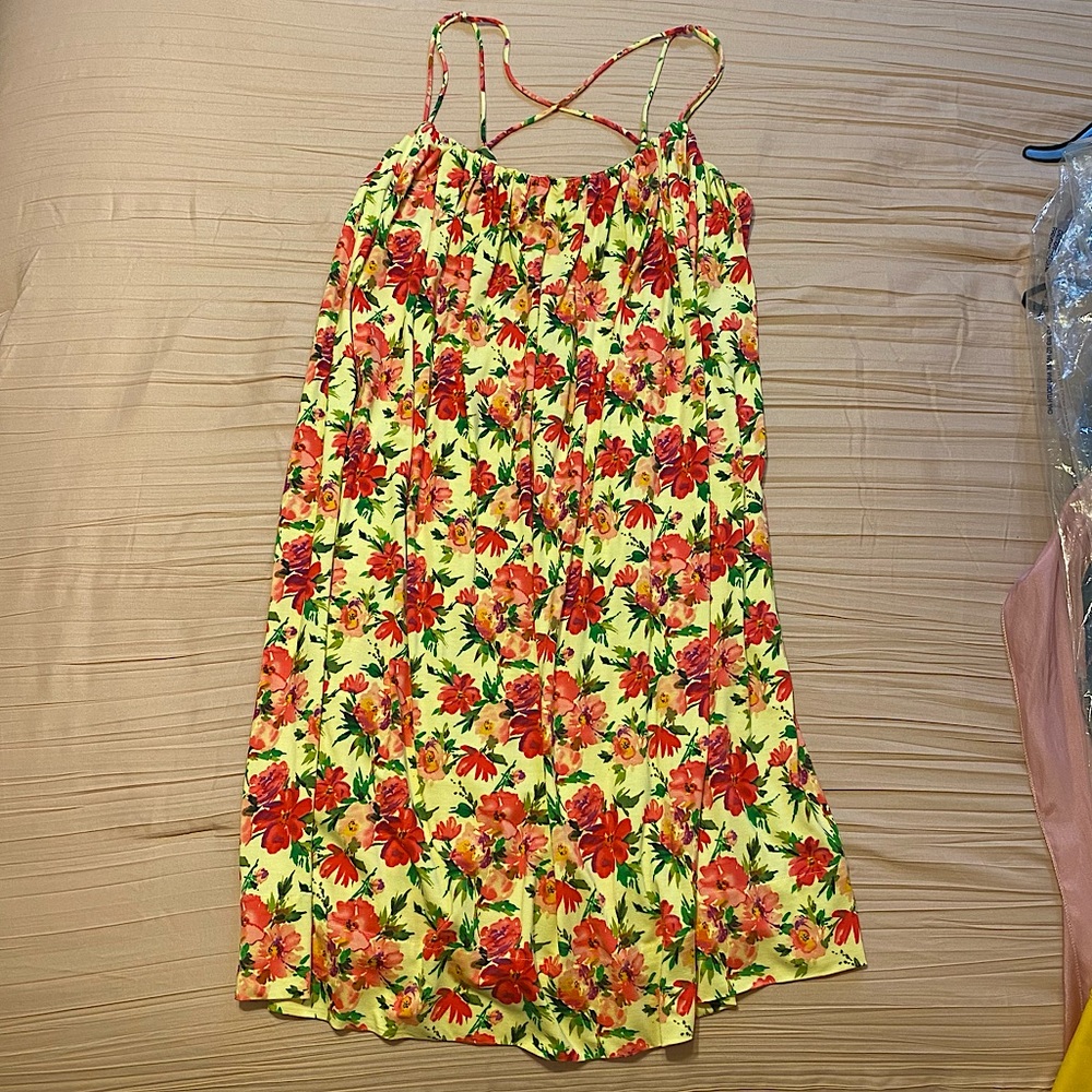 Calvin Klein Women’s Yellow Pink Floral Trapeze Swing Shift Mini Dress Size 2
